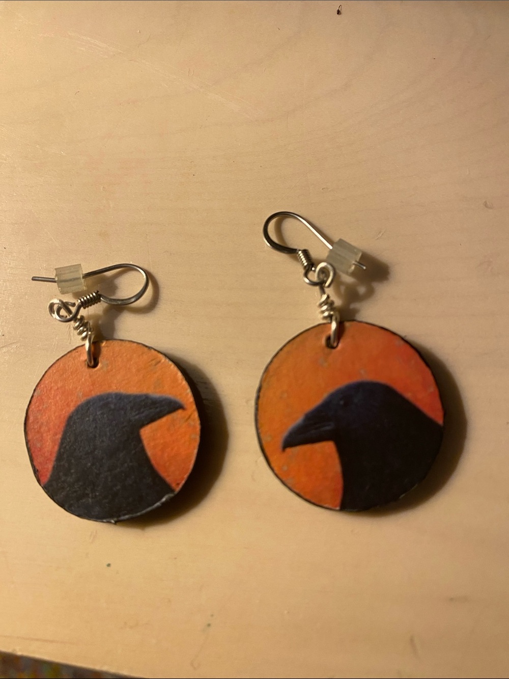Zuni made Black Bird Orange Round Dangle Earrings. Not signed.